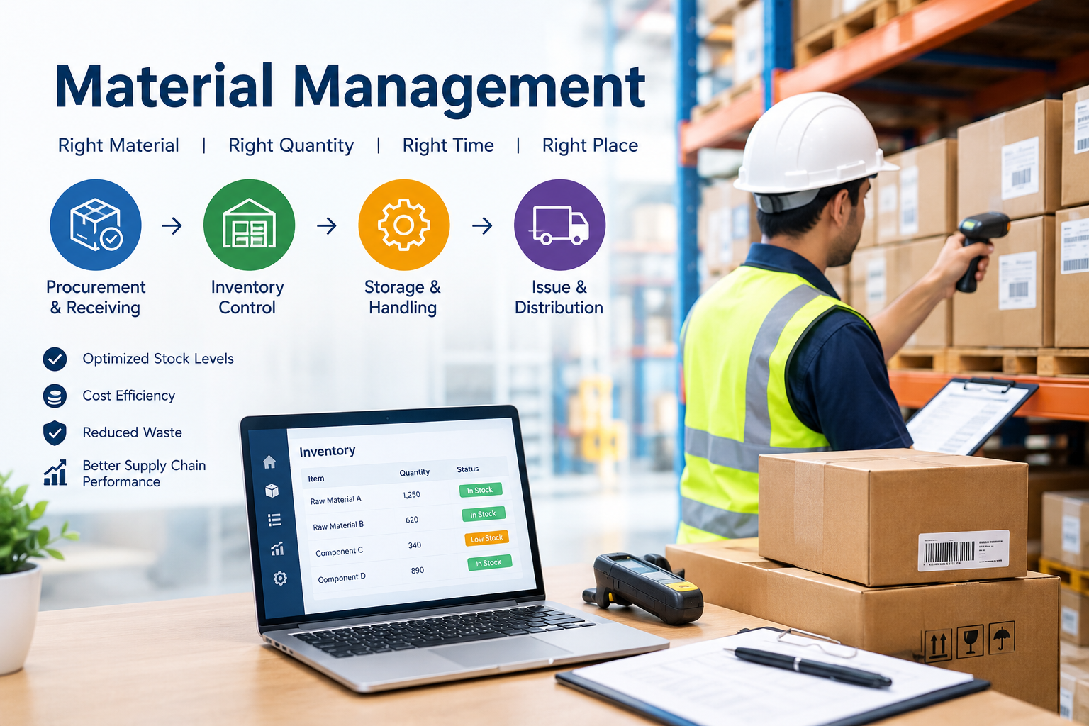 Organized warehouse storage racks and material locations